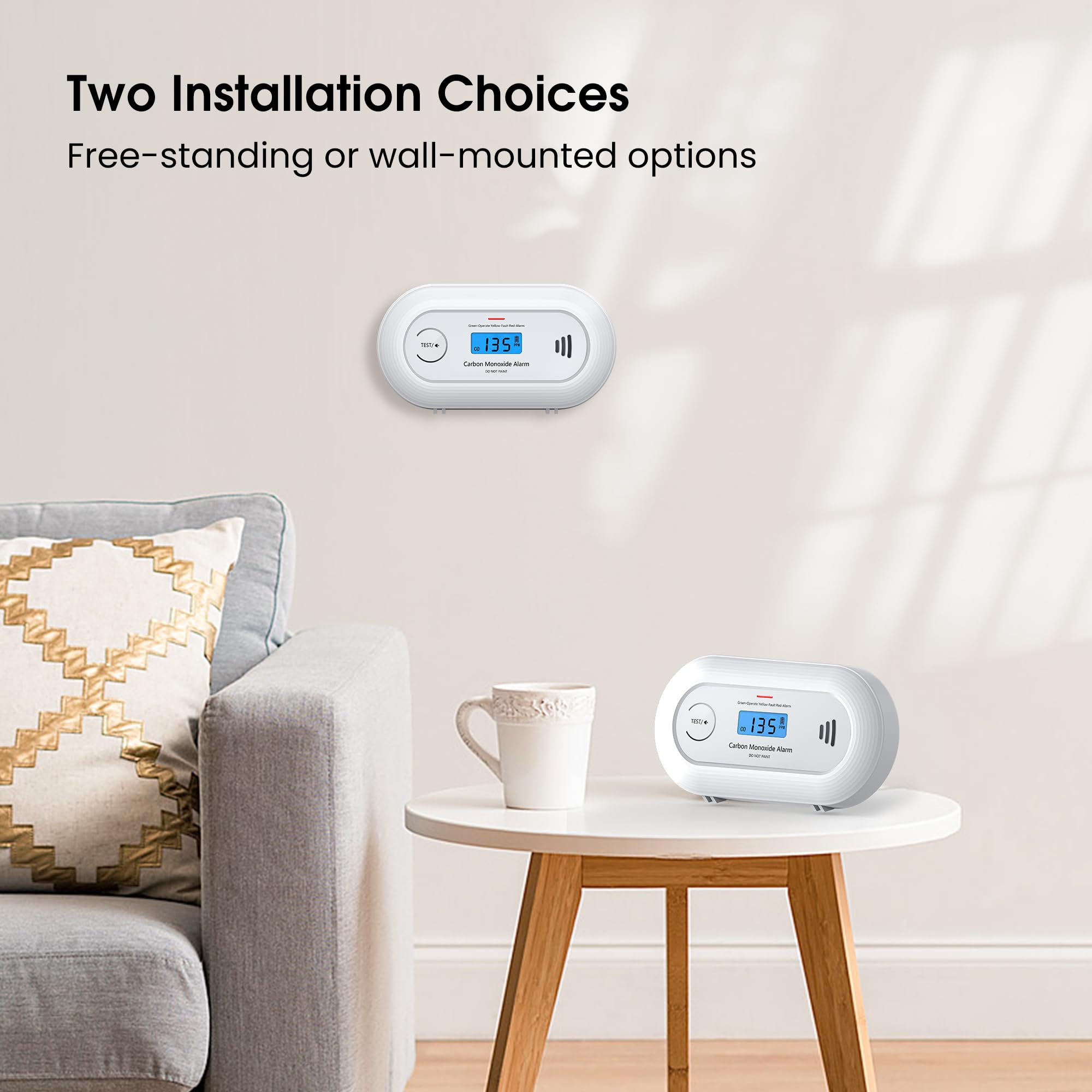 KARUOTOP free-standing and wall-mountable CO detector for flexible placement