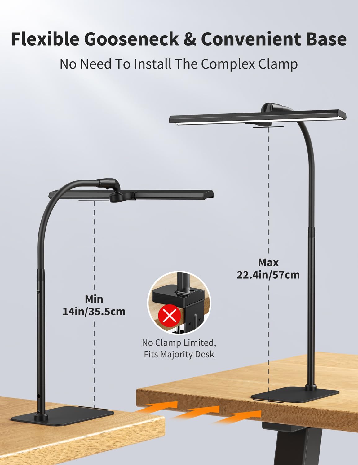 Kary LED desk lamp 5-level dimmable brightness for customized light.