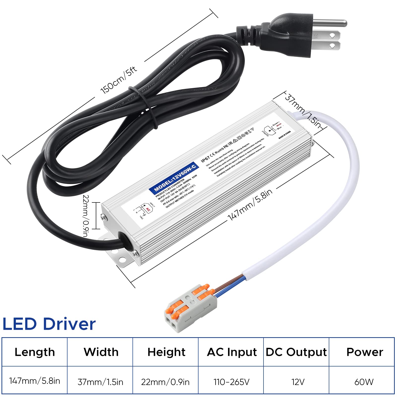 Karyoosi compact 12V driver with 4.9 ft cable offers flexible placement.