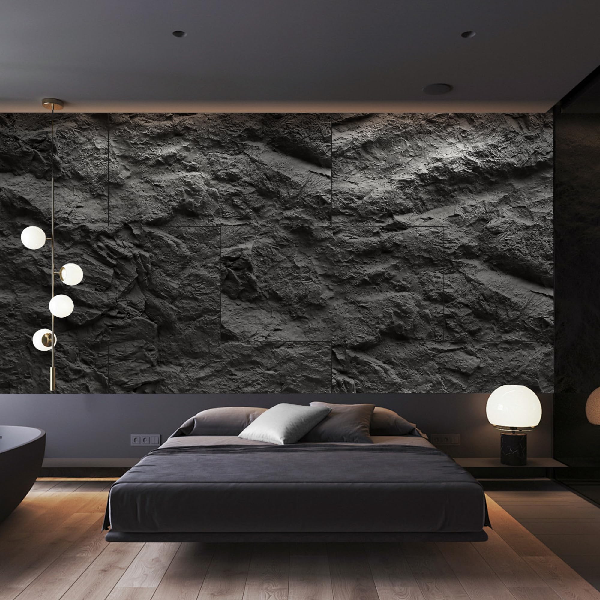 KASARO 3D faux stone panel creating bedroom ambiance with textured cement look.