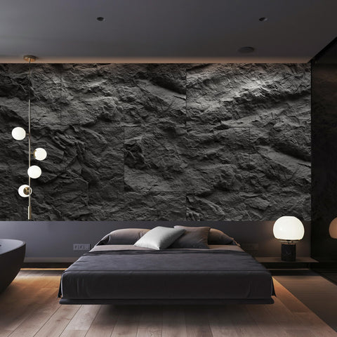 KASARO 3D faux stone panel creating bedroom ambiance with textured cement look.