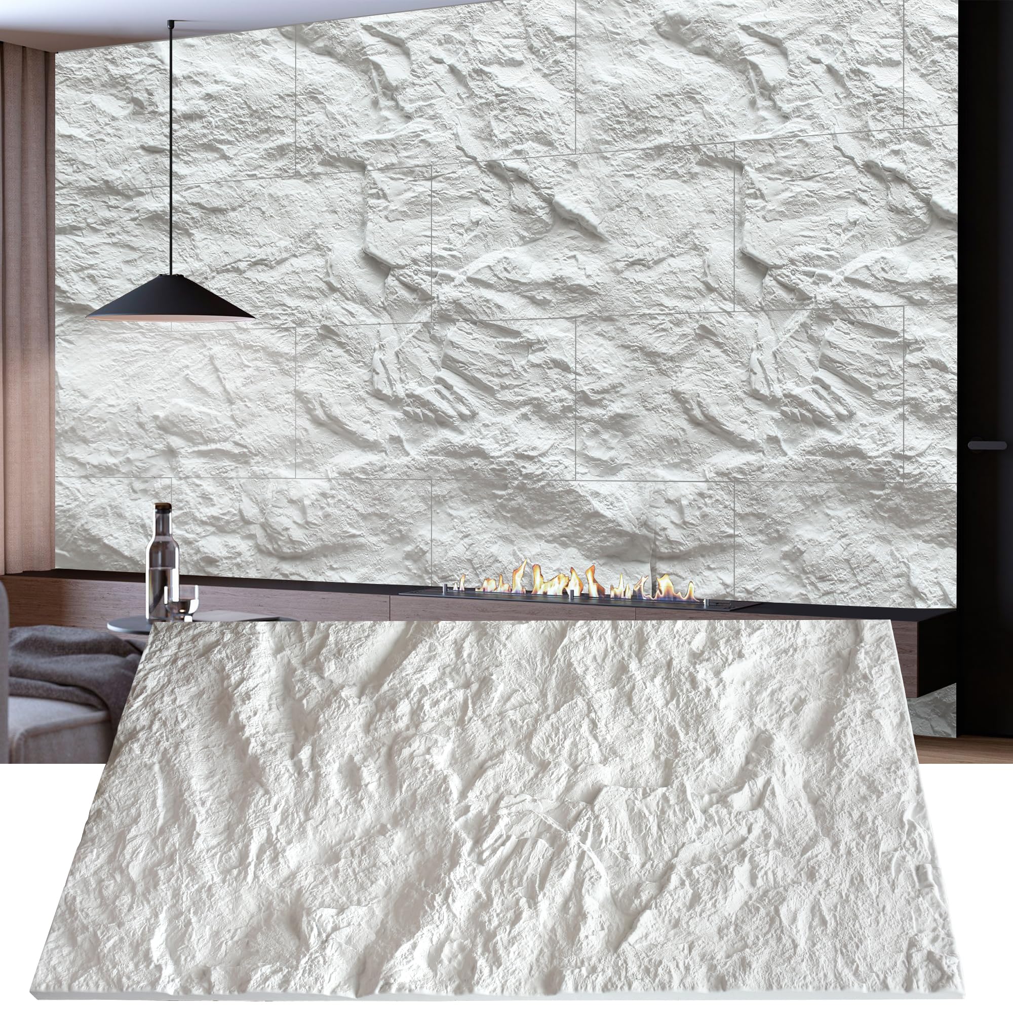 KASARO 3D faux stone panel with cement texture creates a dramatic focal wall.