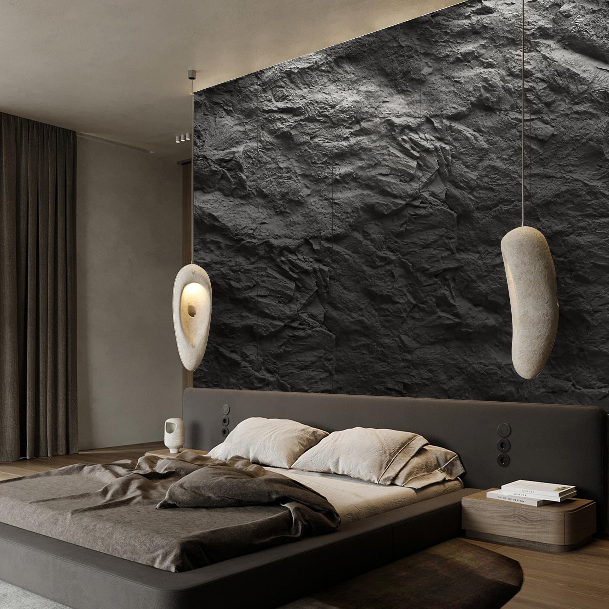 KASARO 3D faux stone panel installation close-up with glue-ready backing.