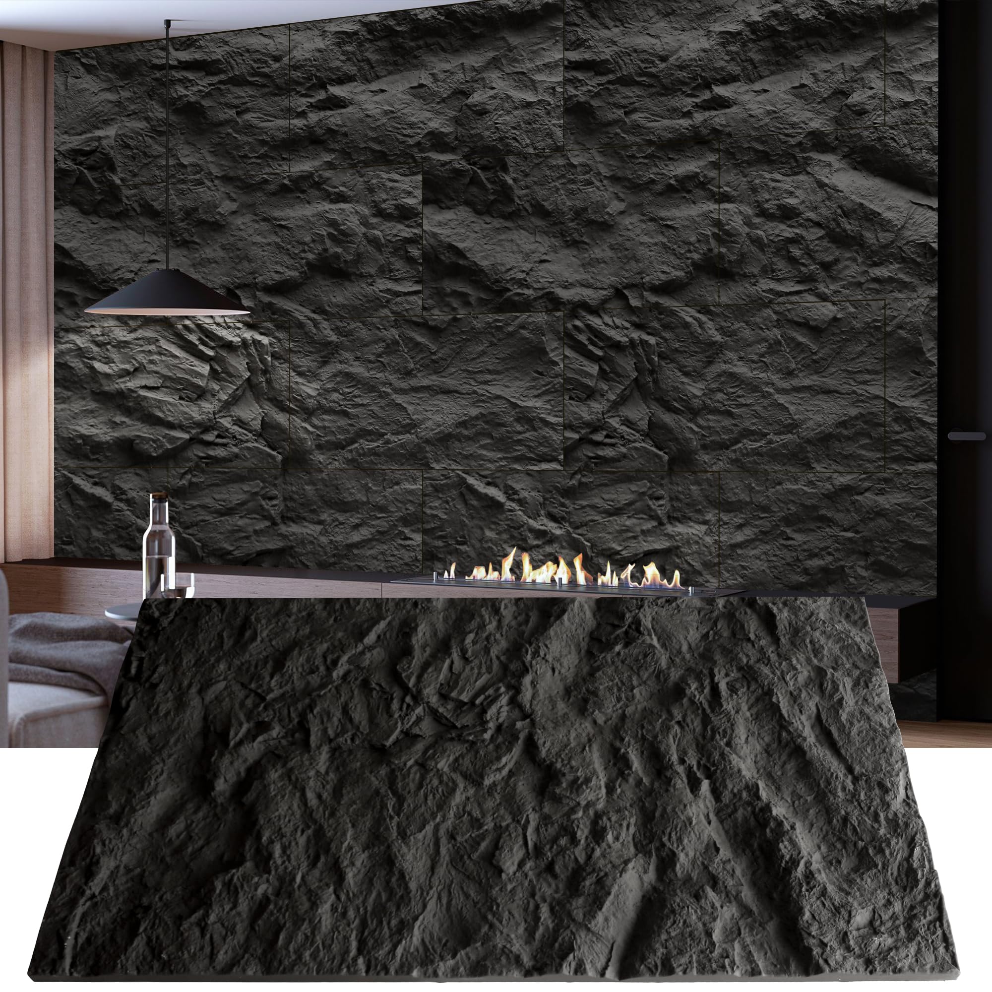 KASARO 3D faux stone panel texture close-up showing deep relief for bold wall accents.