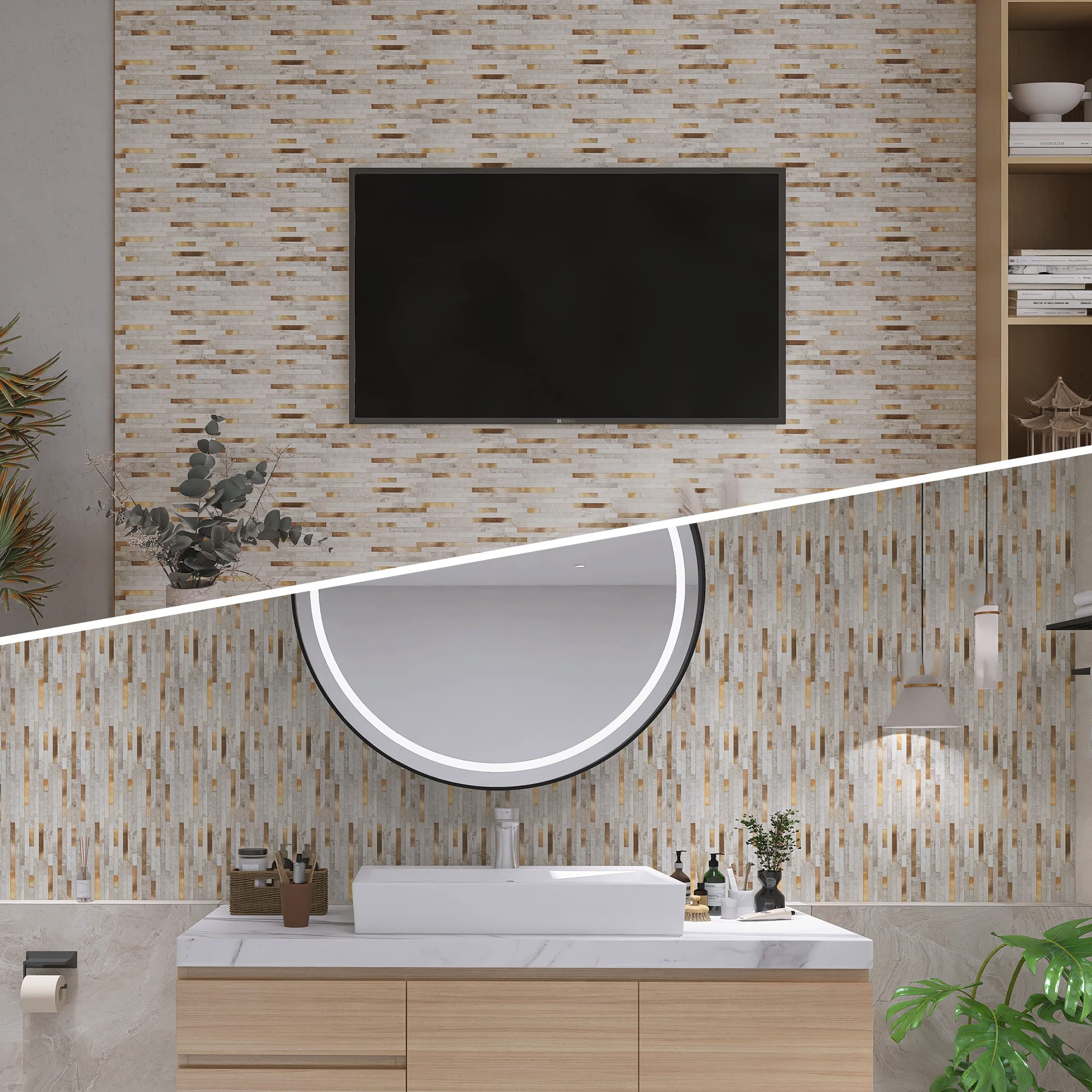 KASARO aluminum-backed marble tile adds durable style to any wall surface.