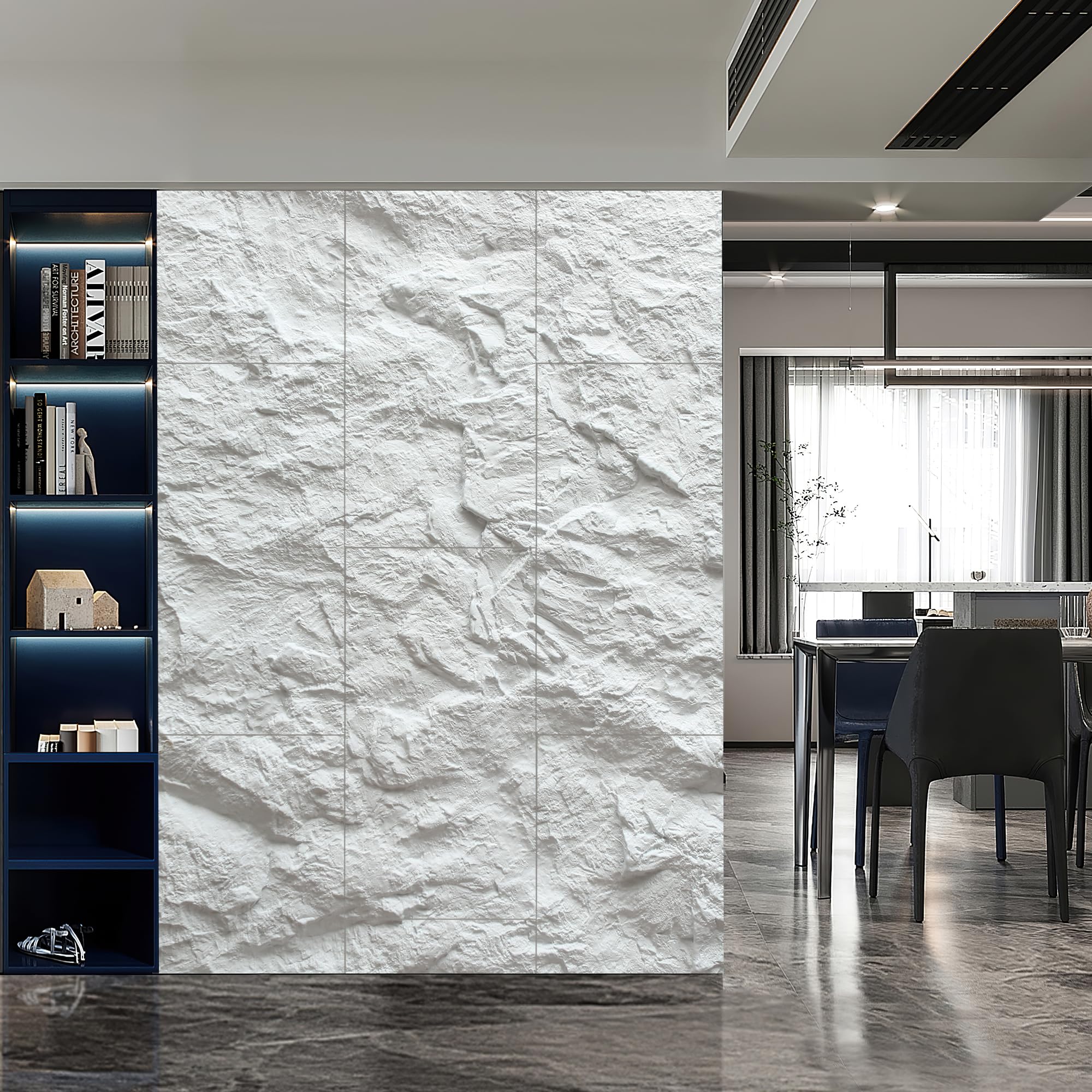 KASARO modern living room accent wall idea using cement texture panels.