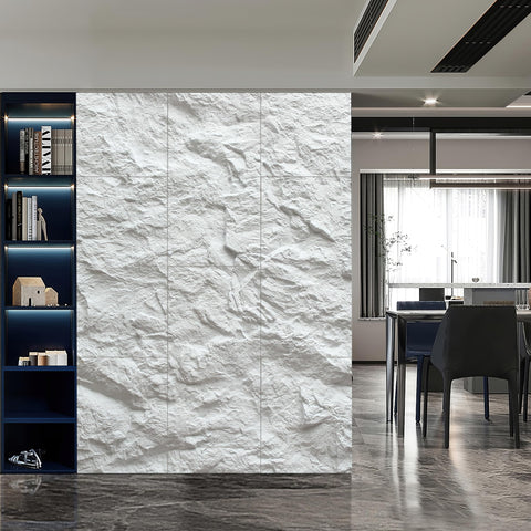 KASARO modern living room accent wall idea using cement texture panels.