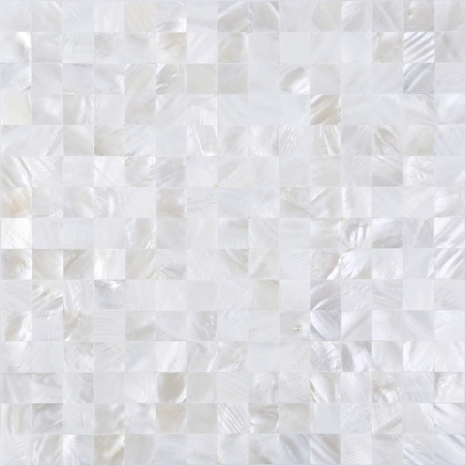 KASARO Peel and Stick Backsplash Shell Tiles close-up with lustrous mother of pearl for elegant bathroom walls