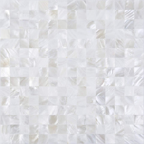 KASARO Peel and Stick Backsplash Shell Tiles close-up with lustrous mother of pearl for elegant bathroom walls