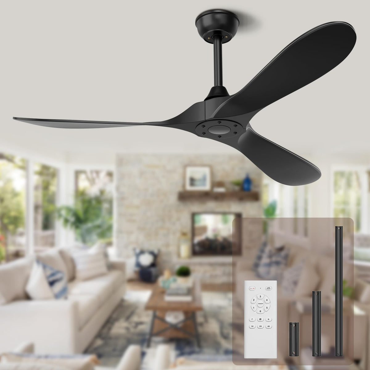 Kasass black 52-inch ceiling fan no-light for indoor and outdoor spaces