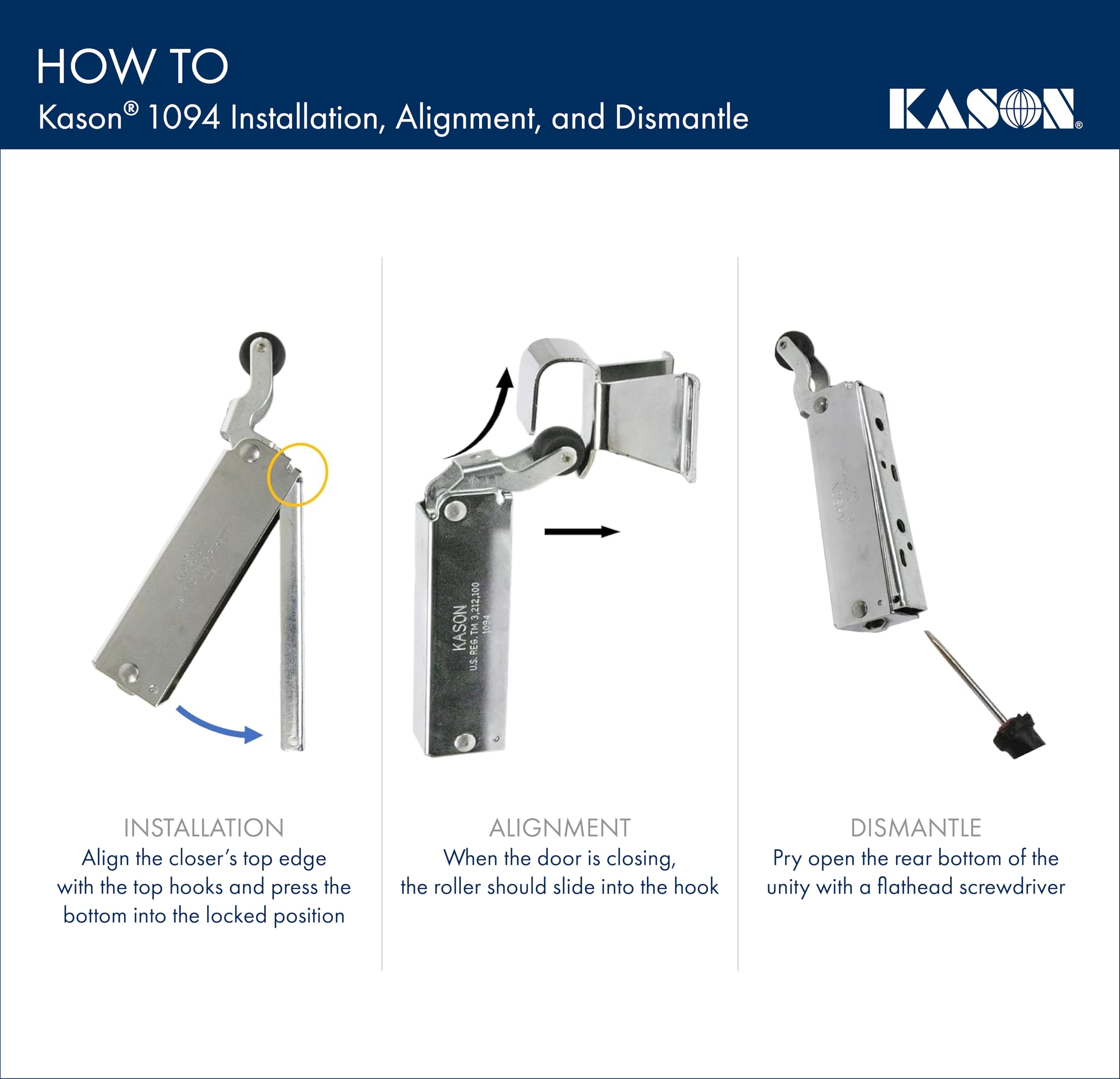 Kason 1094 SureClose adjustable mounting slots compensate for door sag