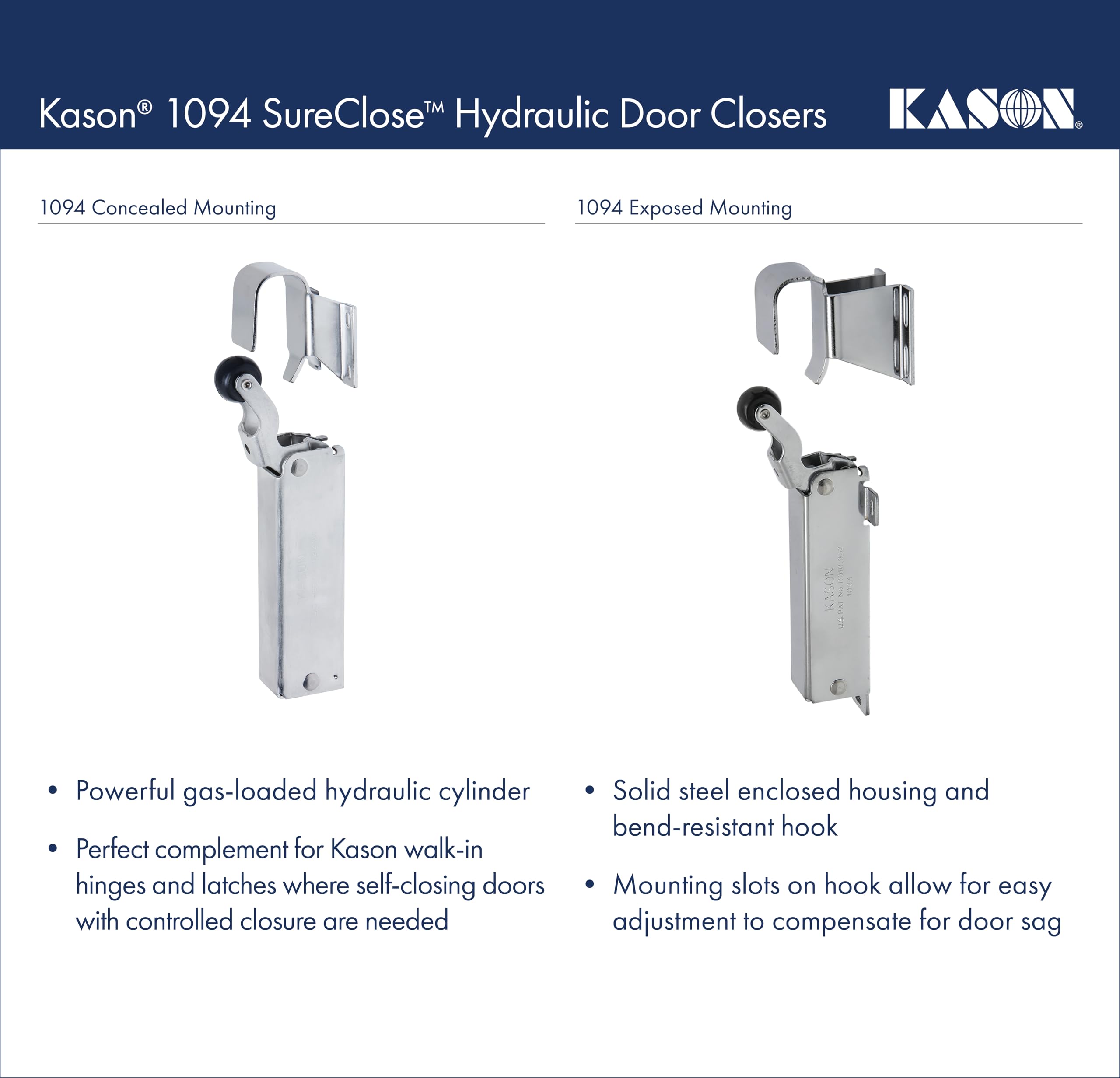 Kason 1094 SureClose bend-resistant hook keeps roller aligned during use