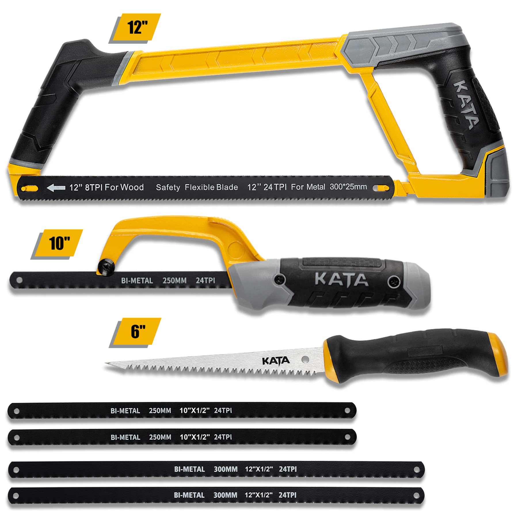 KATA heavy-duty hacksaw frame in use for flush metal cuts.