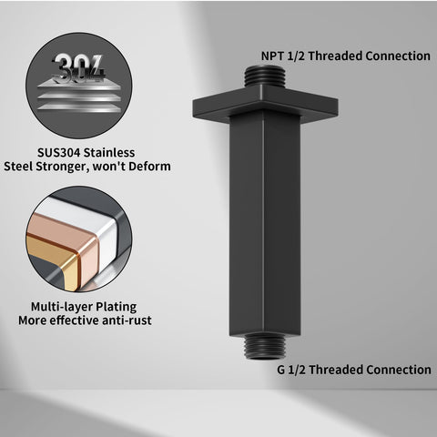 KATAIS stainless steel arm with 1/2 inch NPT connection and square design.
