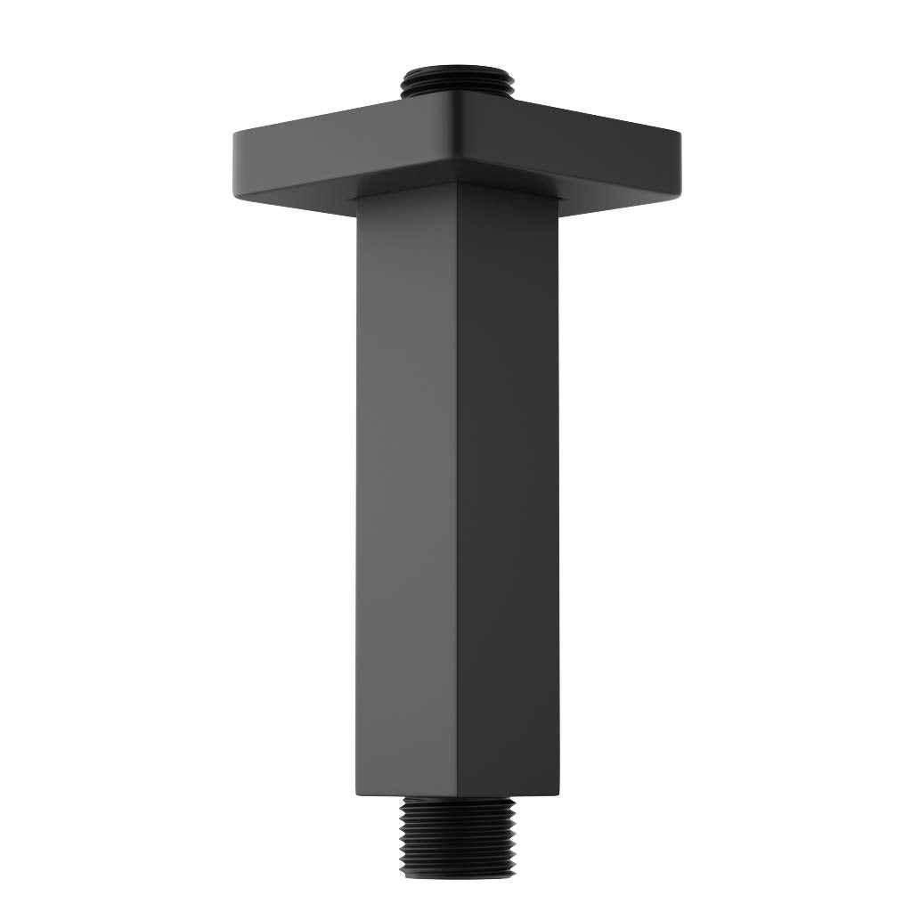 KATAIS matte black square ceiling shower arm with flange for ceiling installation and extended reach.