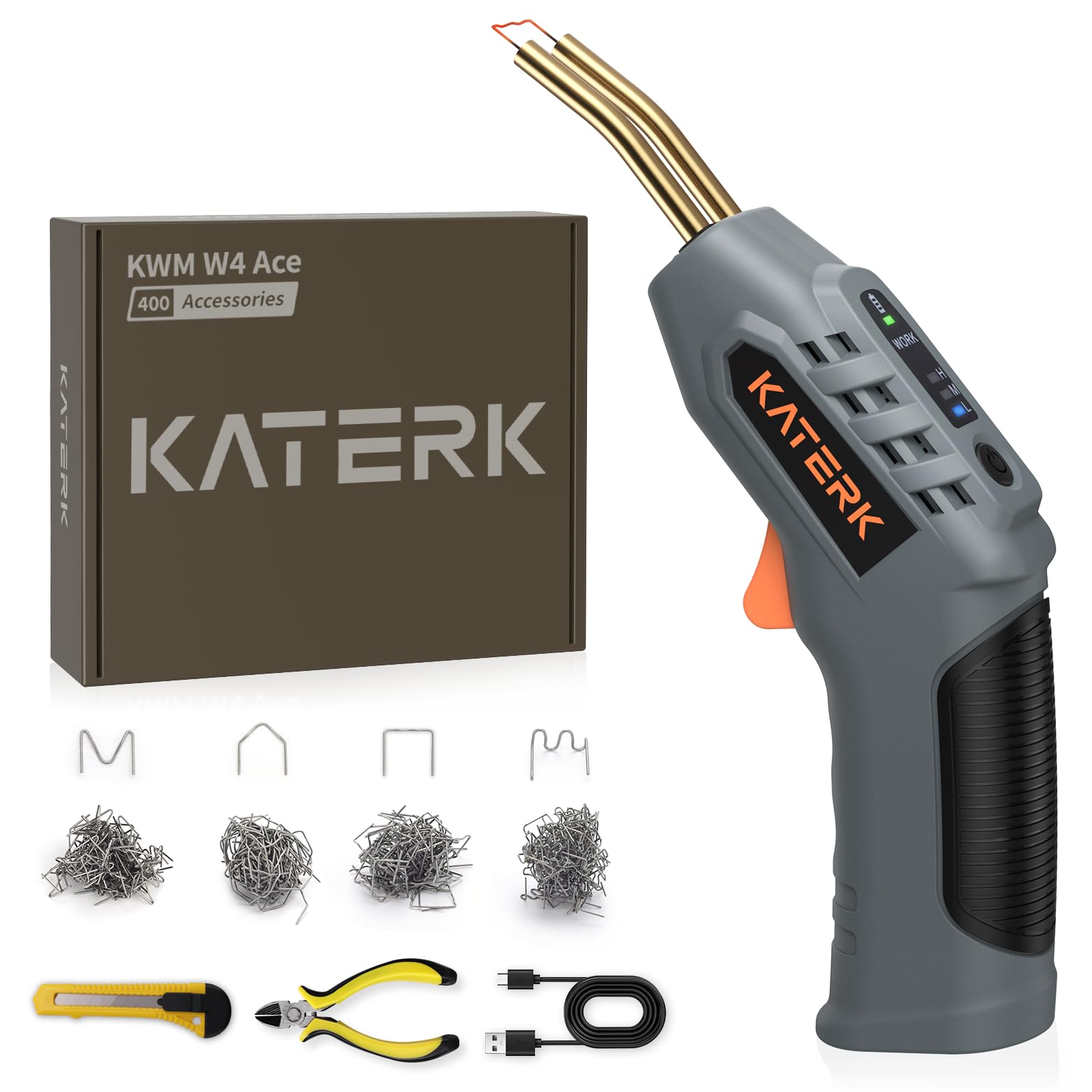Katerk cordless plastic welder in use for portable repairs in tight spaces.