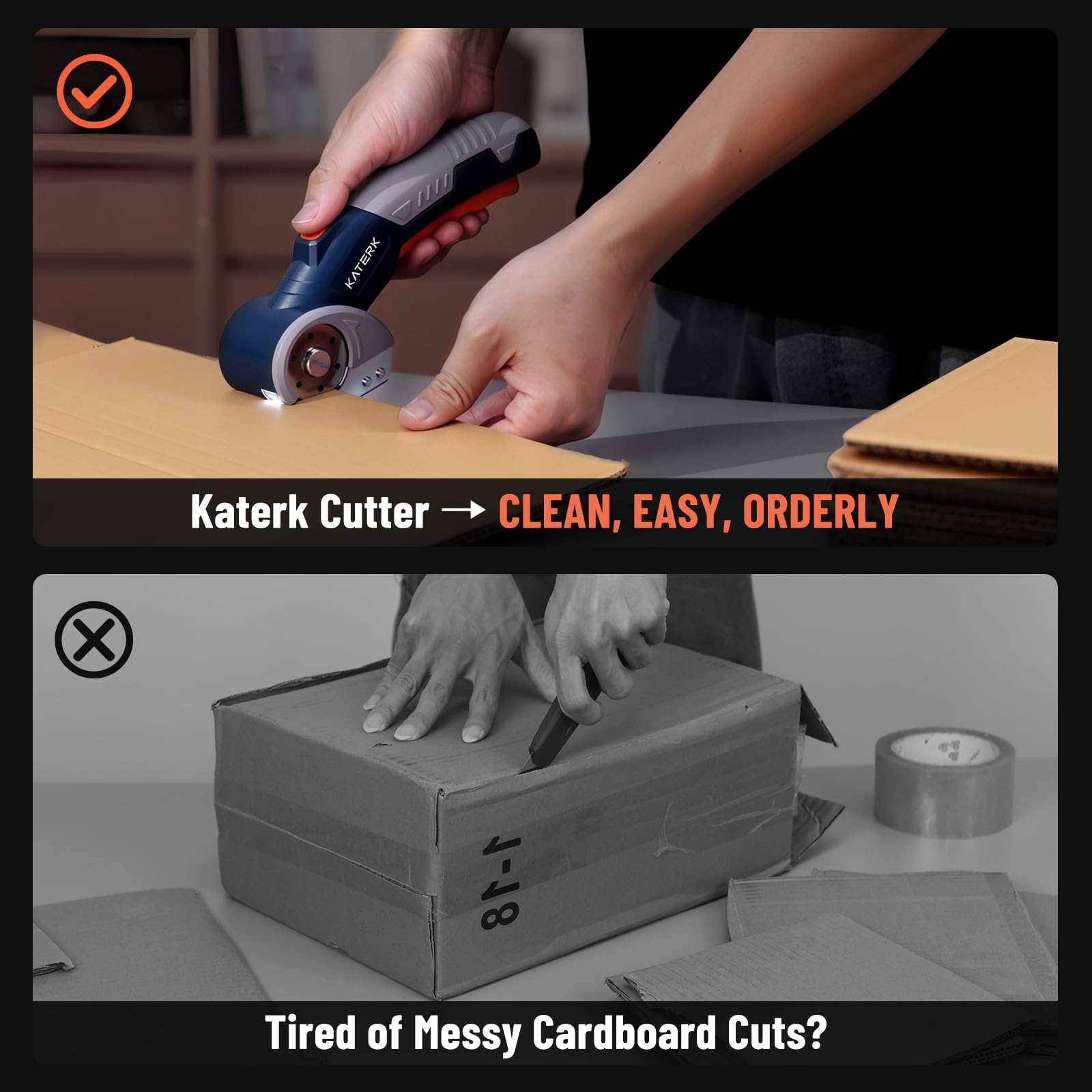 Katerk electric box cutter with ambidextrous design fits both hands.
