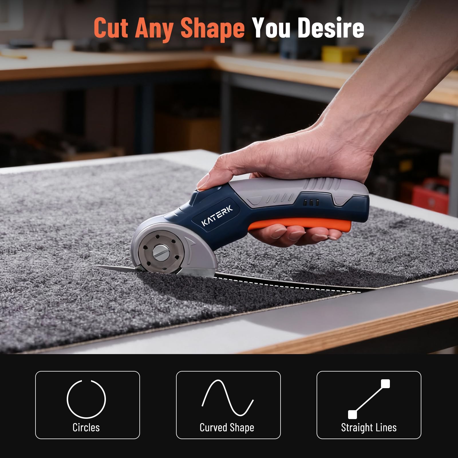 Katerk electric box cutter includes safety lock and LED light for safer cuts.
