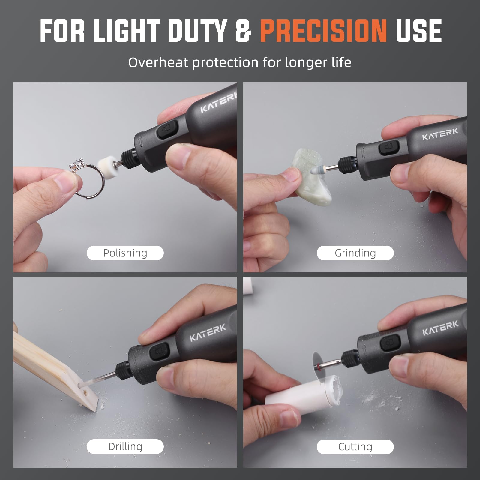 Katerk with 70 accessories enables versatile sanding, engraving, and cutting.