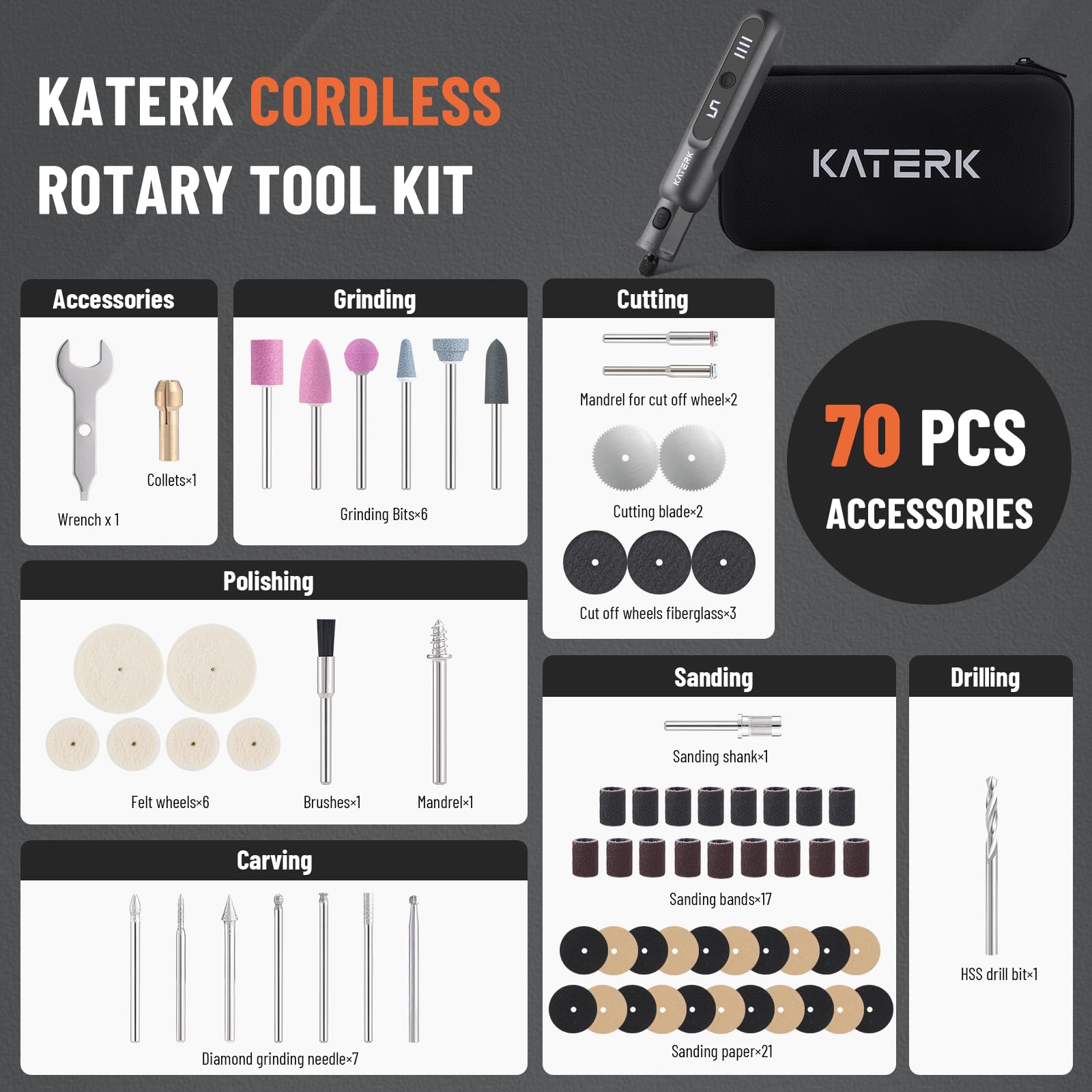 Katerk 3.7V power, compact design fits tight spaces.