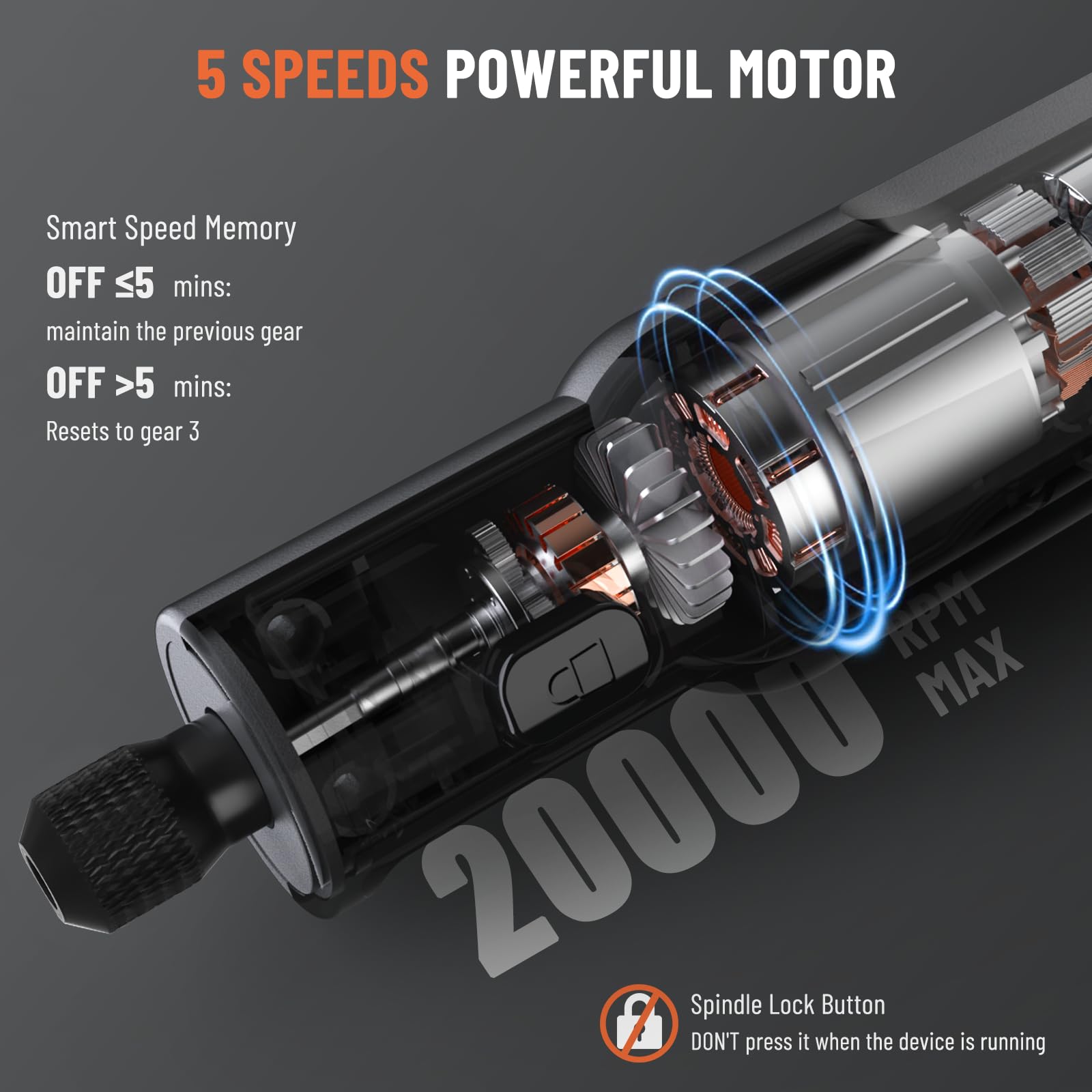 Katerk Mini Rotary Tool with pen-style design provides comfortable extended use.