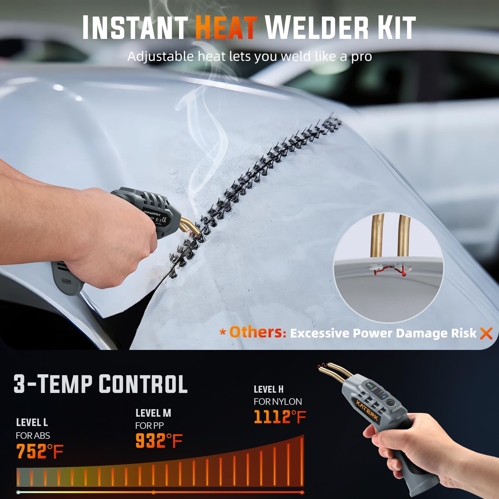 Katerk plastic welder with 400 staples included for quick patch-ups.