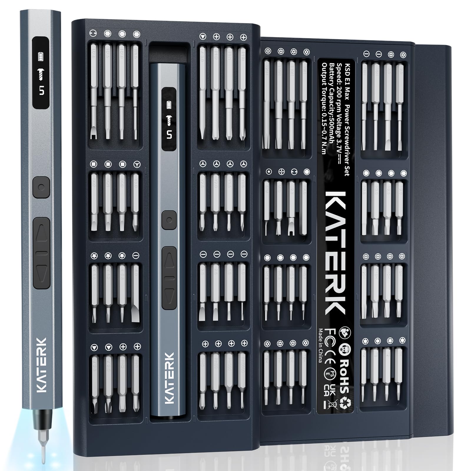Katerk precision screwdriver display shows torque and charge status for precise work