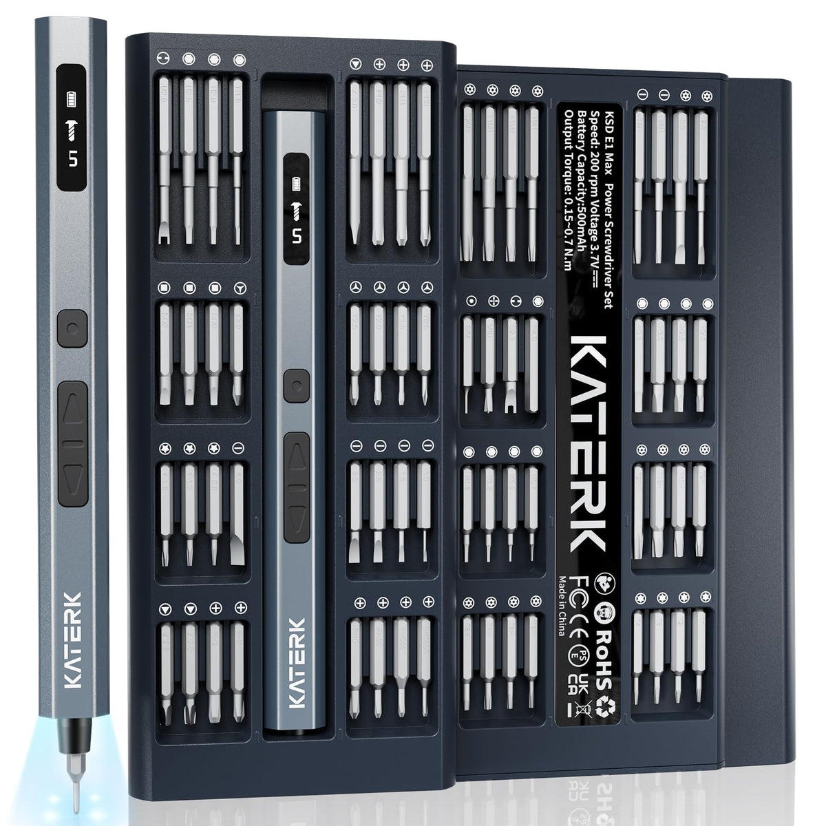 Katerk precision screwdriver display shows torque and charge status for precise work