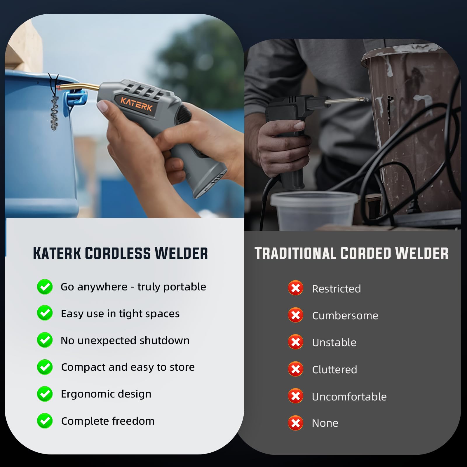 Katerk USB-rechargeable welding kit, no outlet needed for on-the-go repairs.