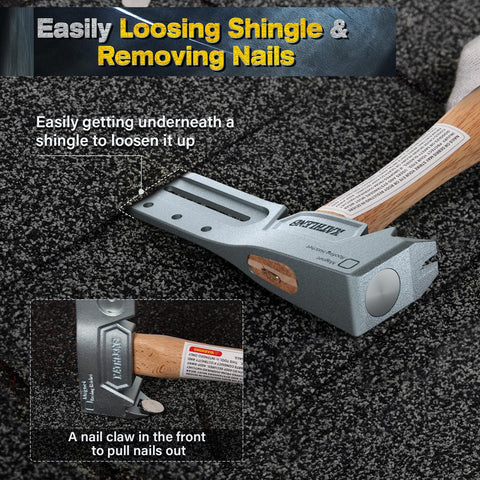Kathleno roofing hatchet in use on a roof for efficient shingle work
