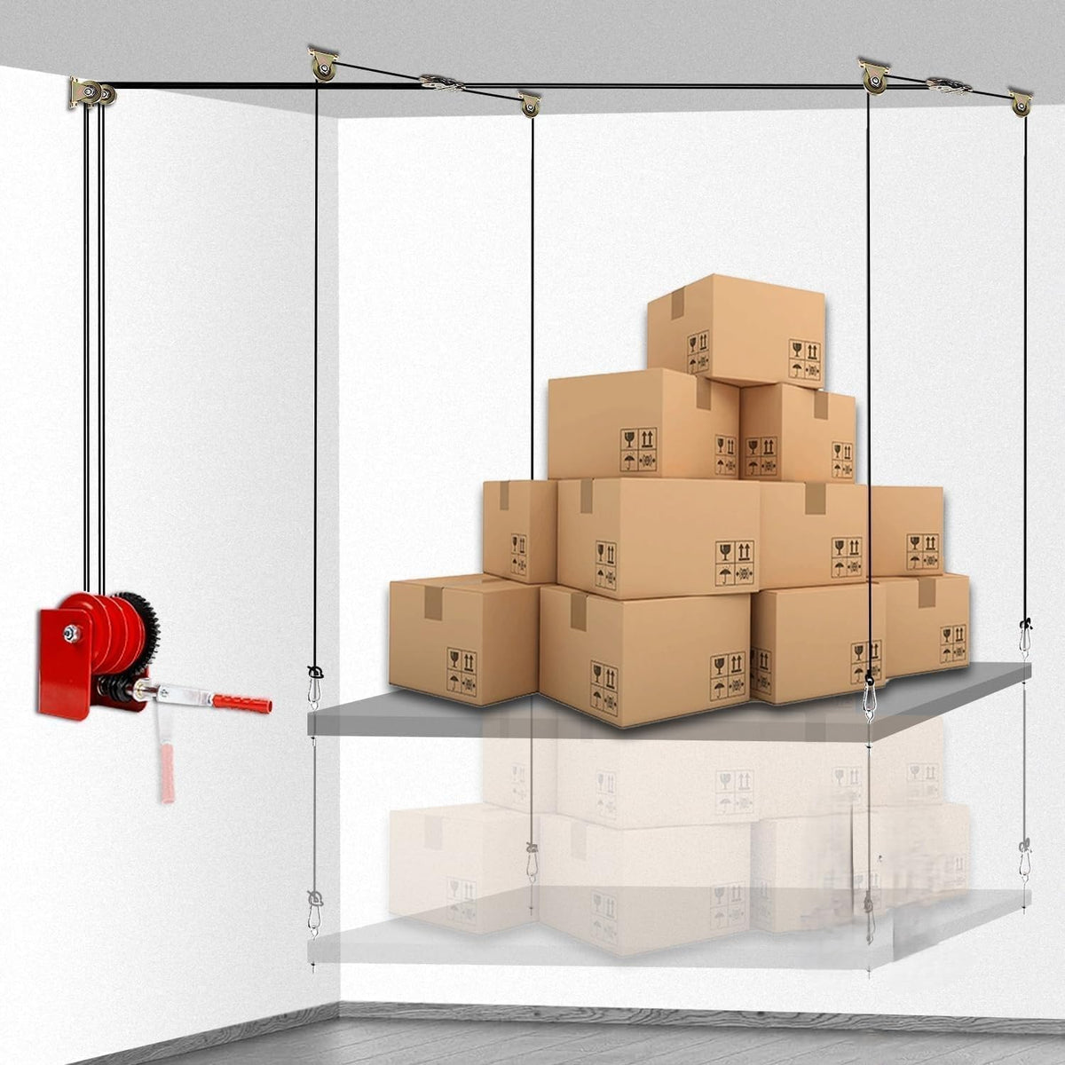 Katywixu overhead garage lift system kit showing sturdy frame for secure storage.