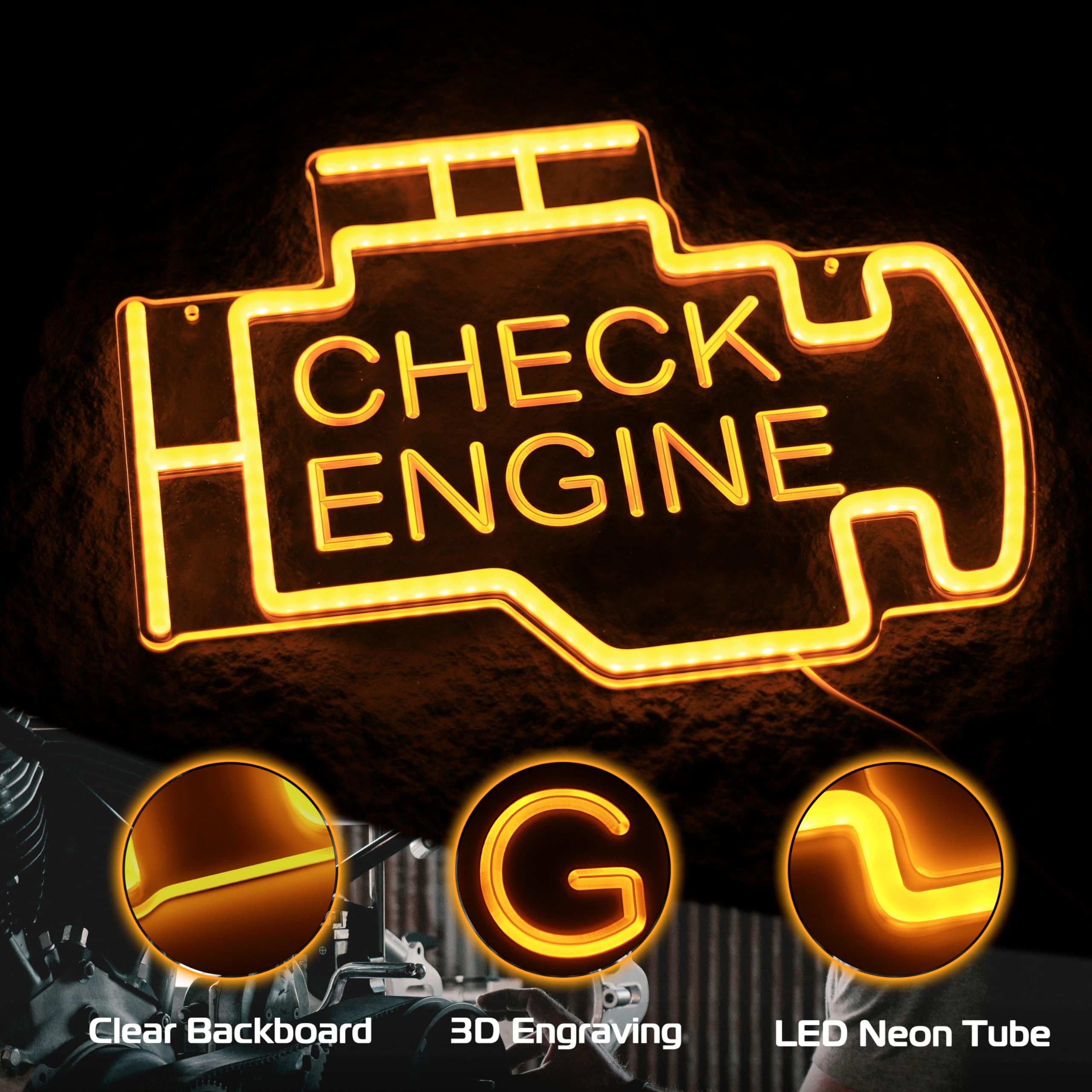 Kavaas check engine light close-up shows LED tubes and vivid color