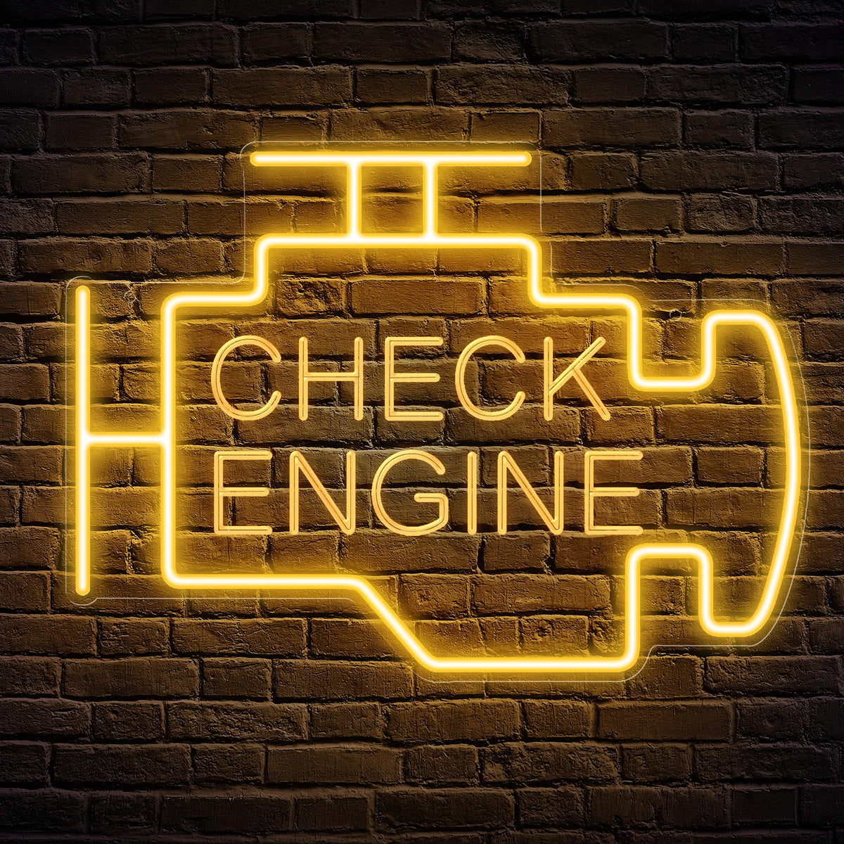 Kavaas Check Engine neon sign mounted on wall provides authentic automotive vibe