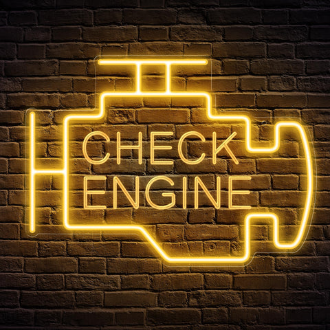 Kavaas Check Engine neon sign mounted on wall provides authentic automotive vibe