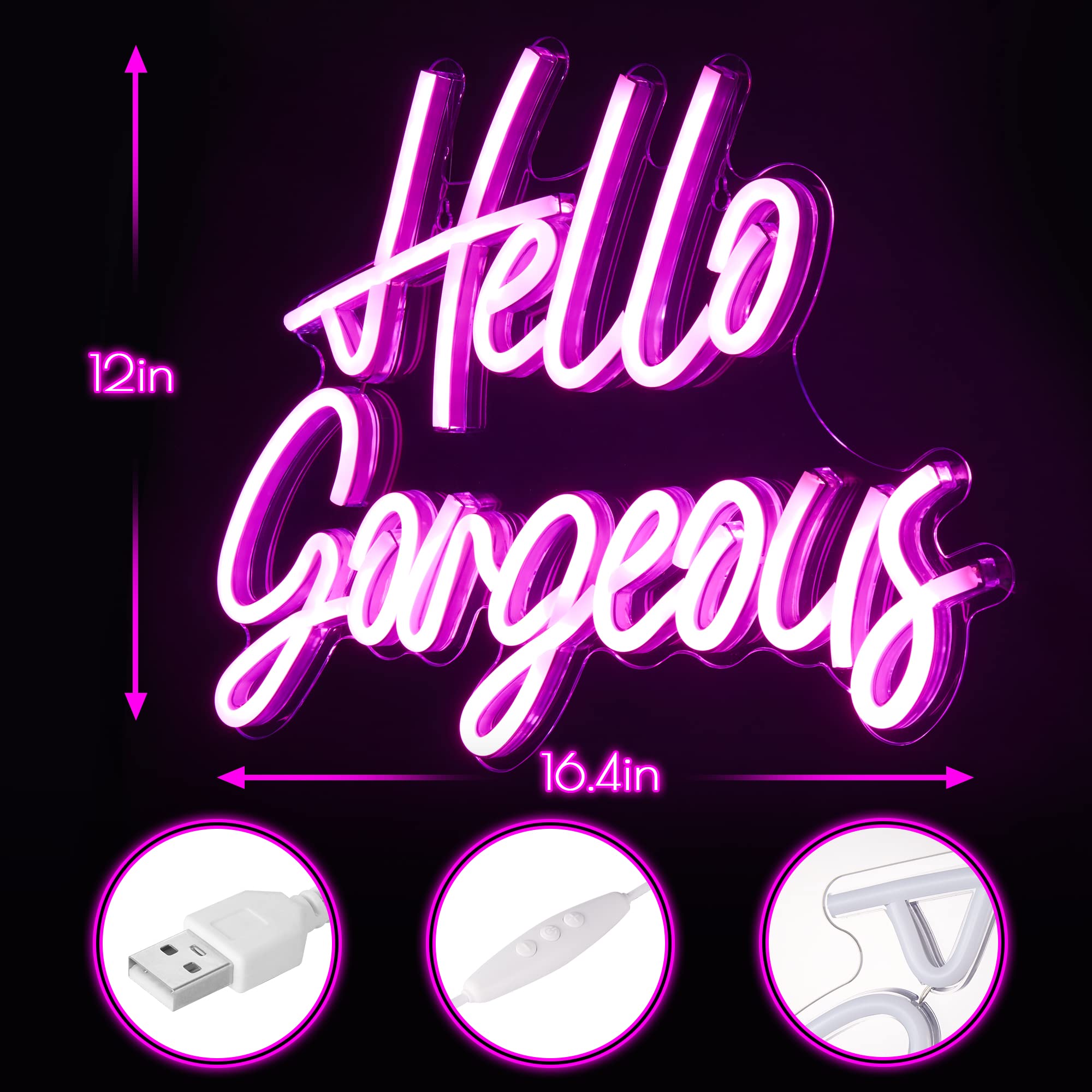Kavaas Hello Gorgeous neon sign mounted on clear backboard for easy installation