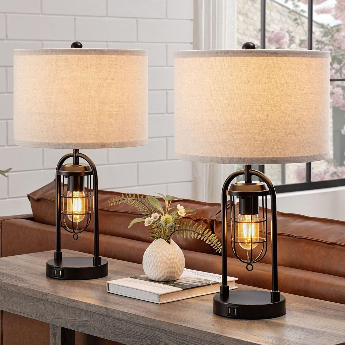 KAWOTI farmhouse table lamps with USB ports for charging devices.