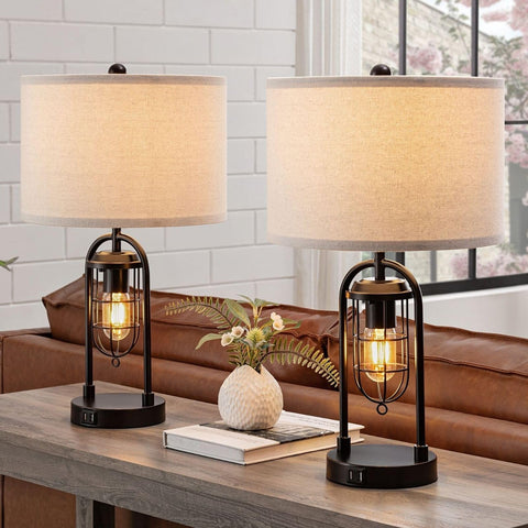 KAWOTI farmhouse table lamps with USB ports for charging devices.