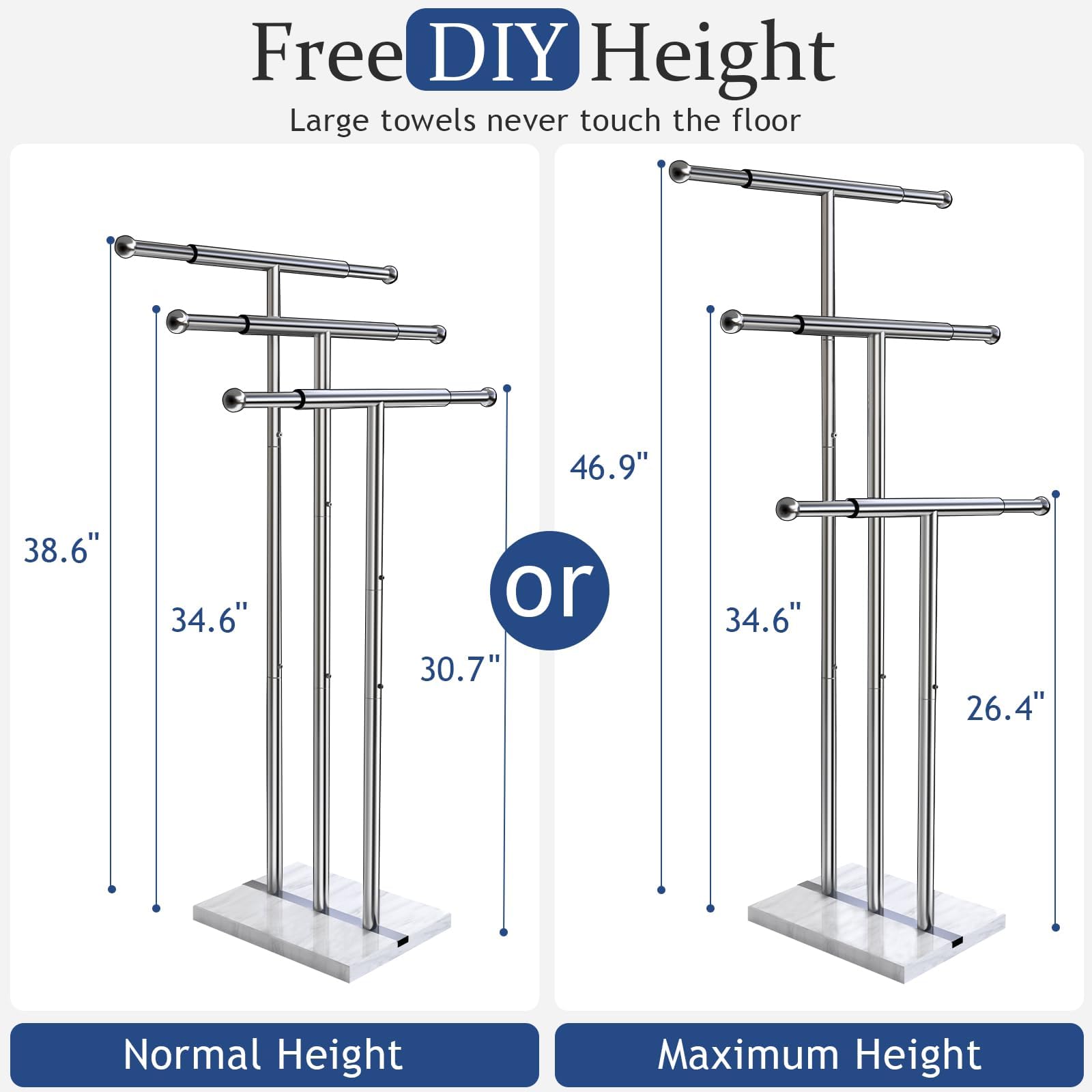 Kayfia towel rack showing height adjustability from 30 to 40 inches for versatile towels.