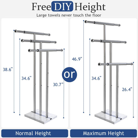 Kayfia towel rack showing height adjustability from 30 to 40 inches for versatile towels.