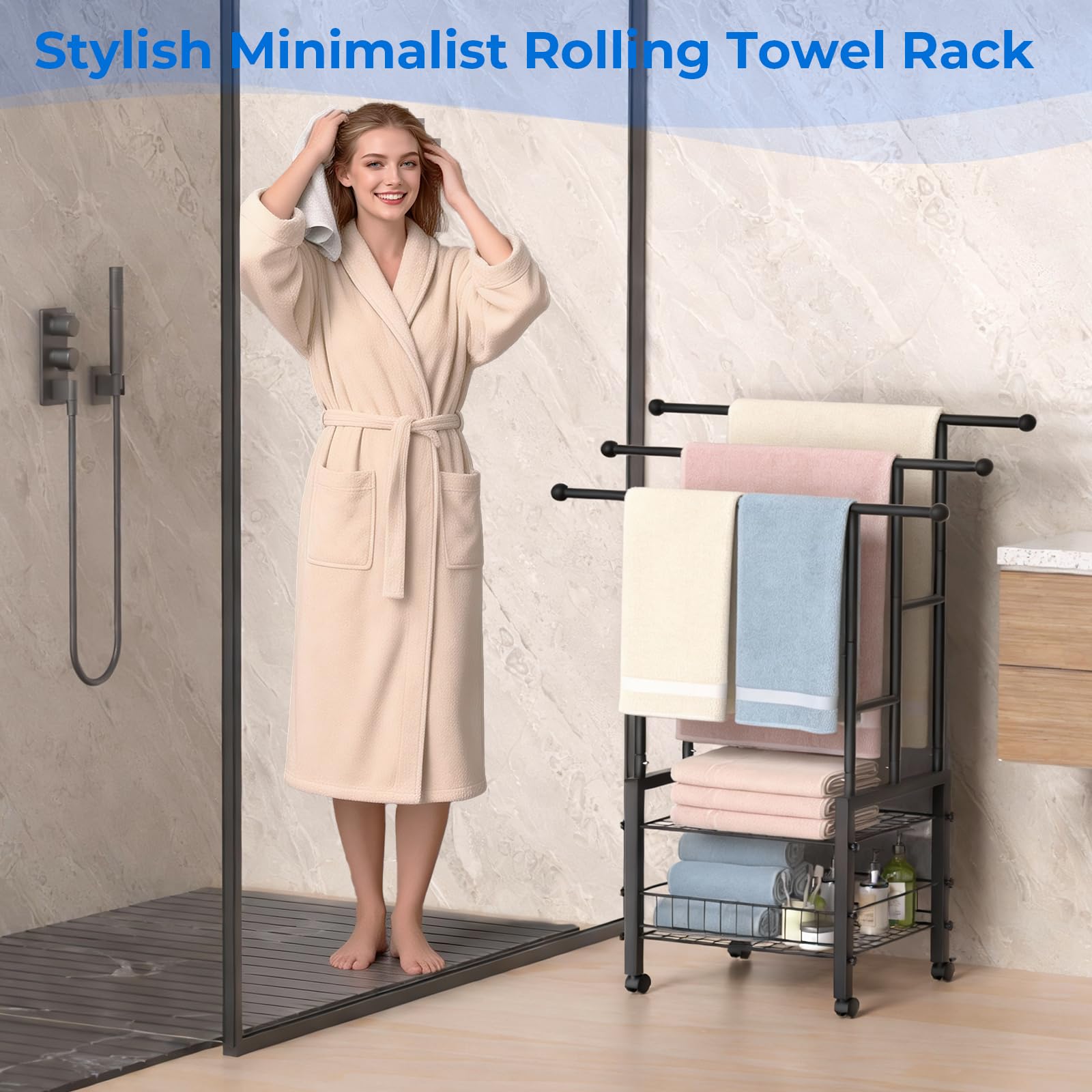 Kayfia standing towel rack with brakes and casters enables effortless repositioning and secure placement.