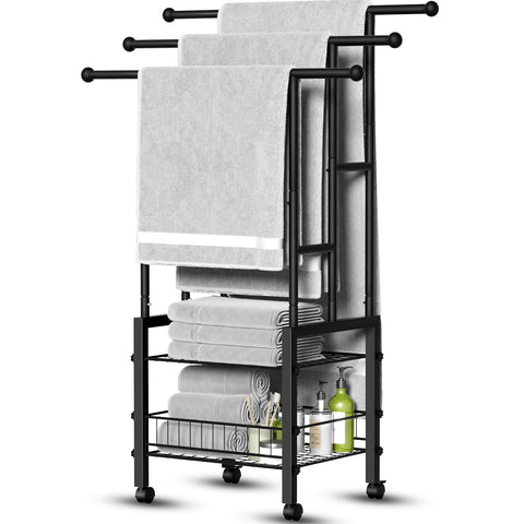 Kayfia standing towel rack with wheels shows large size for oversized towels and robes.