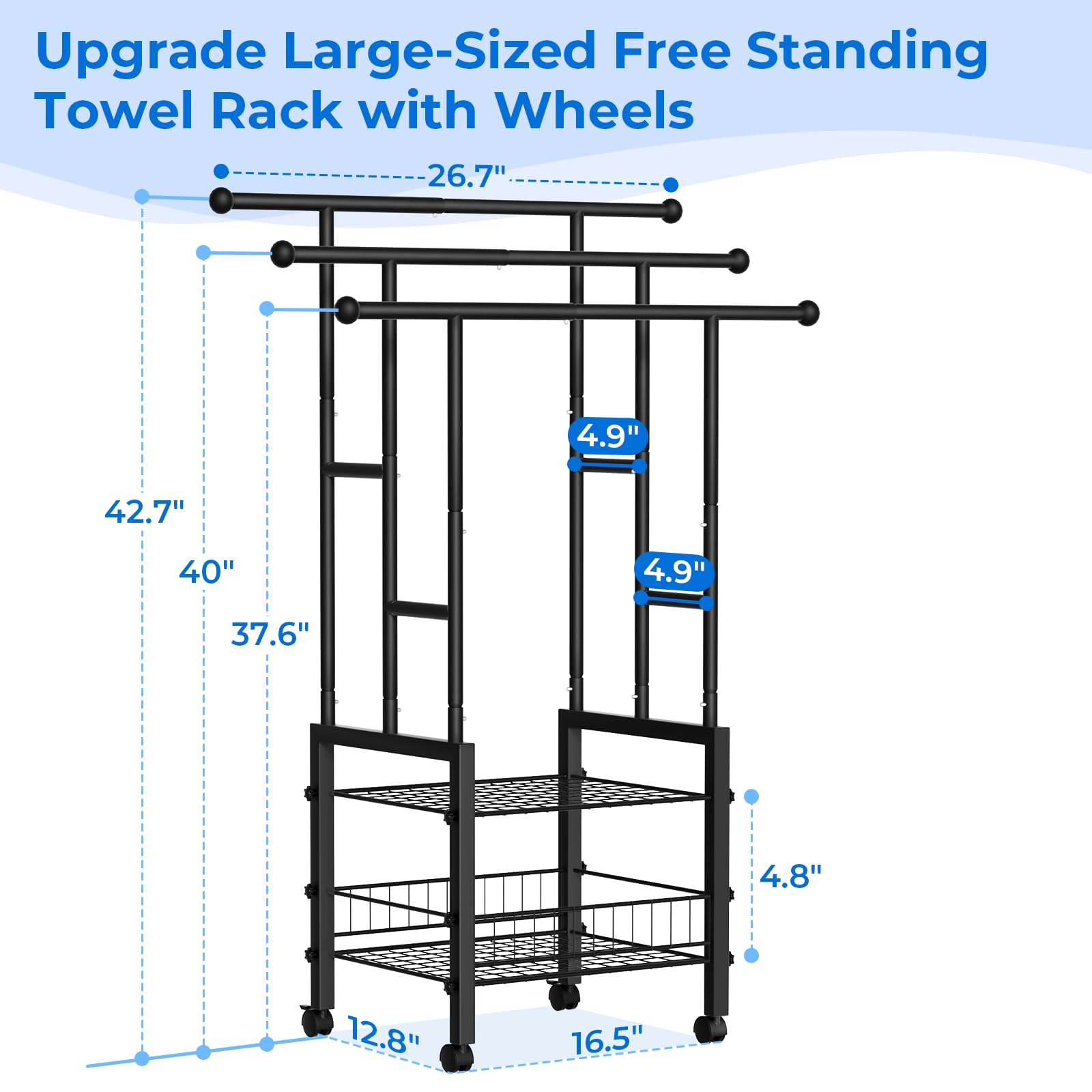 Kayfia 3-tier towel rack with mesh lower shelf for improved airflow and quicker drying.