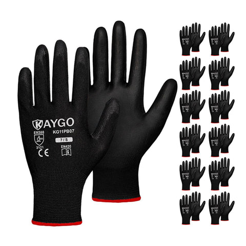 KAYGO KG11PB PU coated gloves palm close up showing secure grip for dry tasks