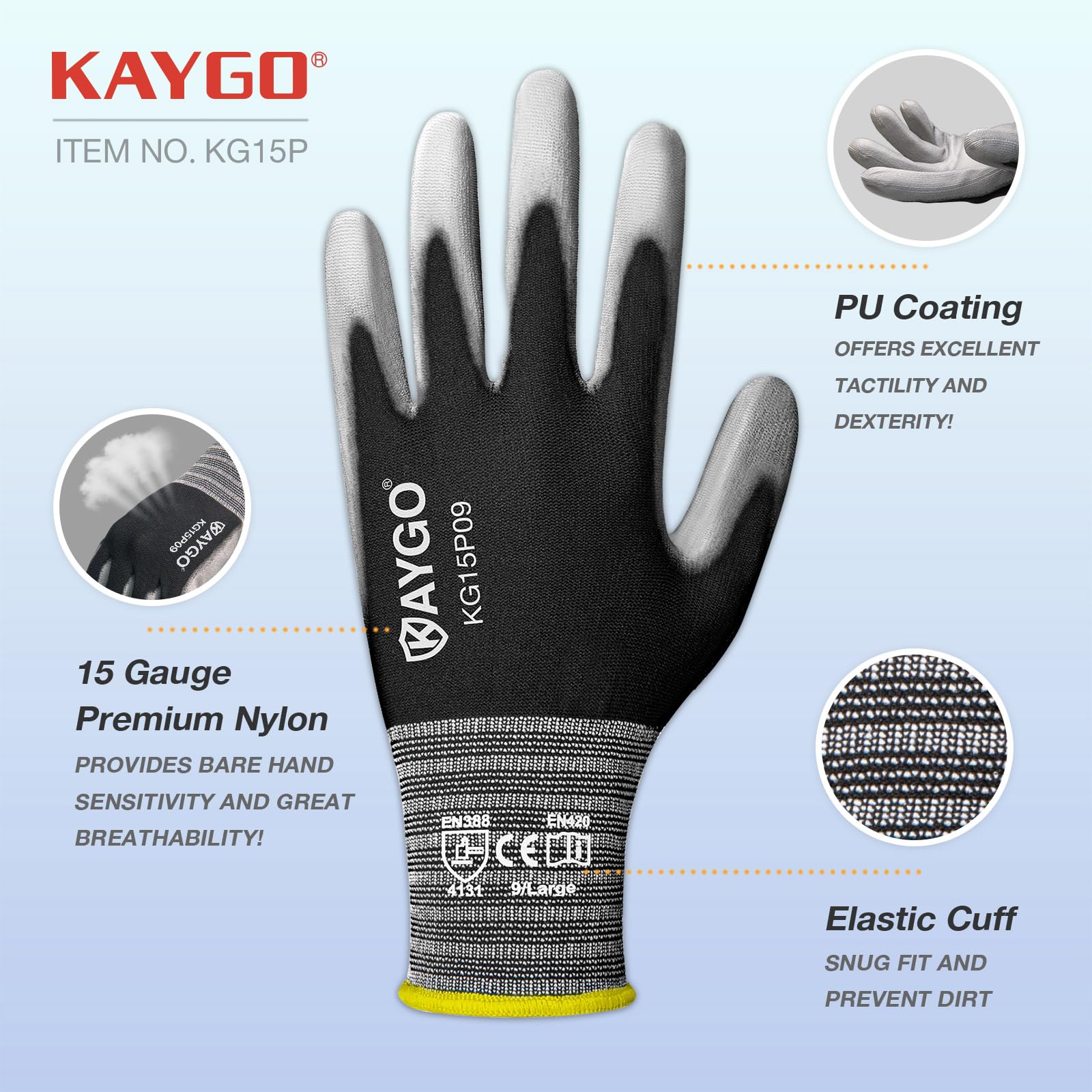 KAYGO KG15P nylon liner provides seamless dexterity and breathability for all-day wear.