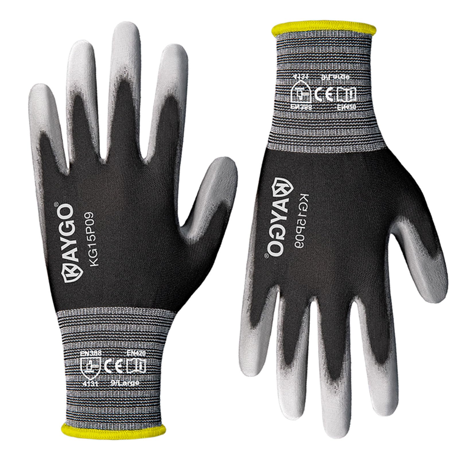 KAYGO KG15P PU-coated work gloves for durable grip in professional and DIY tasks.