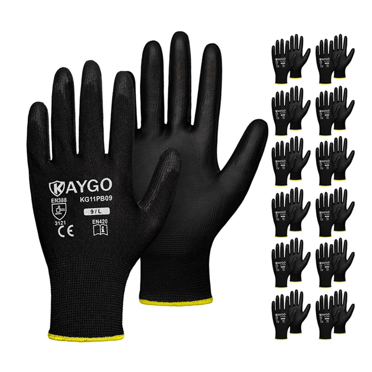 KAYGO KG11PB PU-coated gloves with palm grip for secure dry handling.