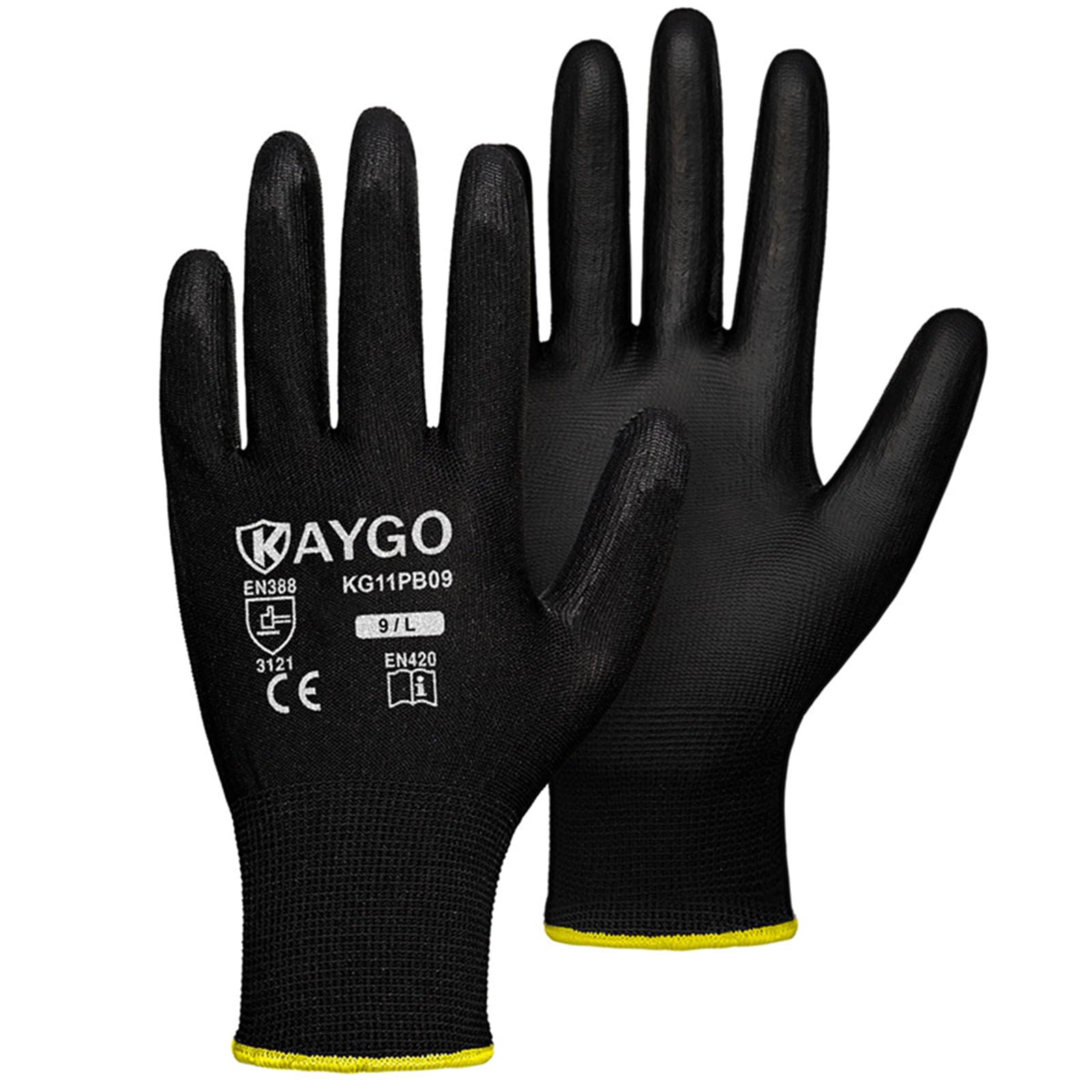 KAYGO PU-coated gloves showing a secure palm grip in dry conditions.