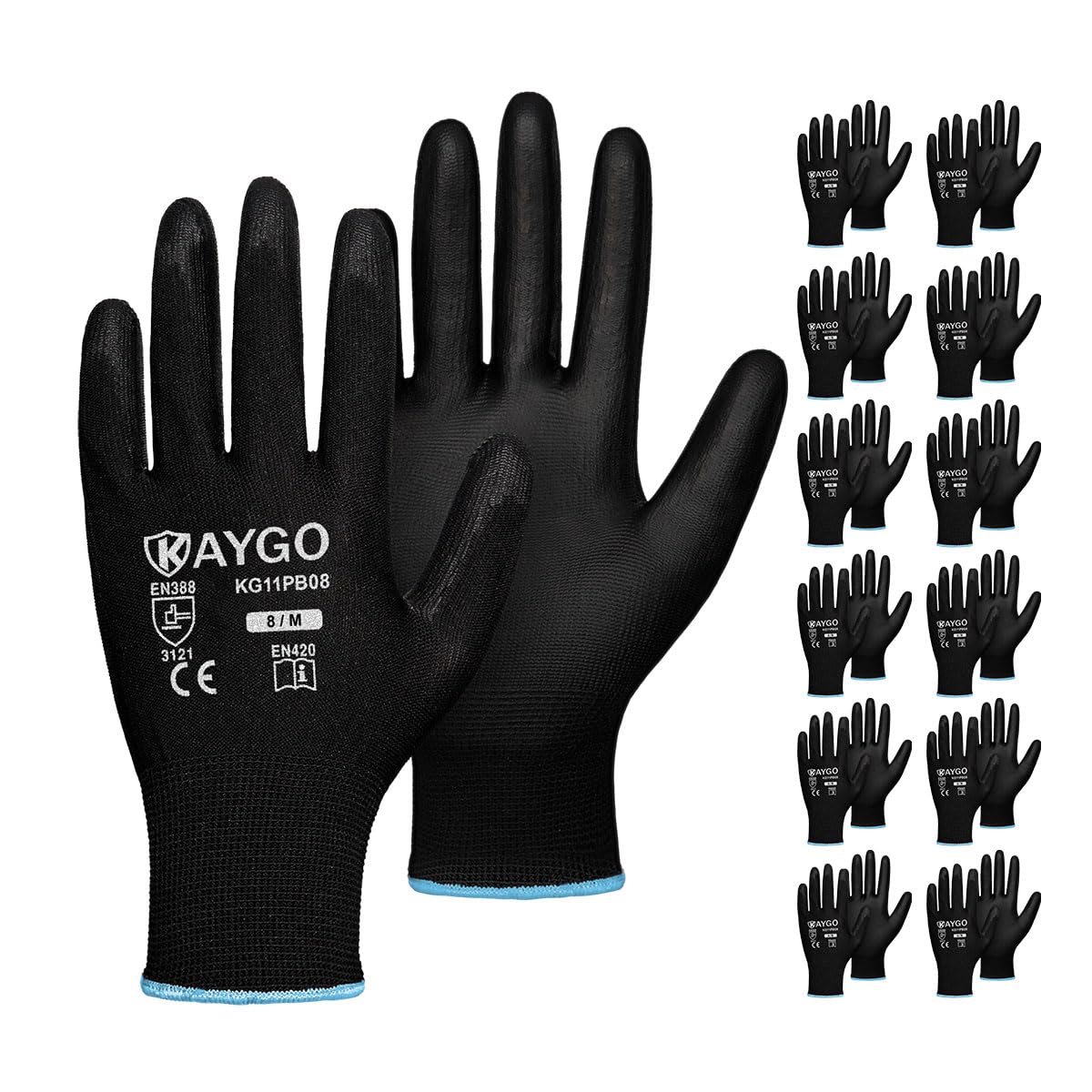 Kaygo safety gloves with PU coating provide secure grip for dry and light oily tasks.