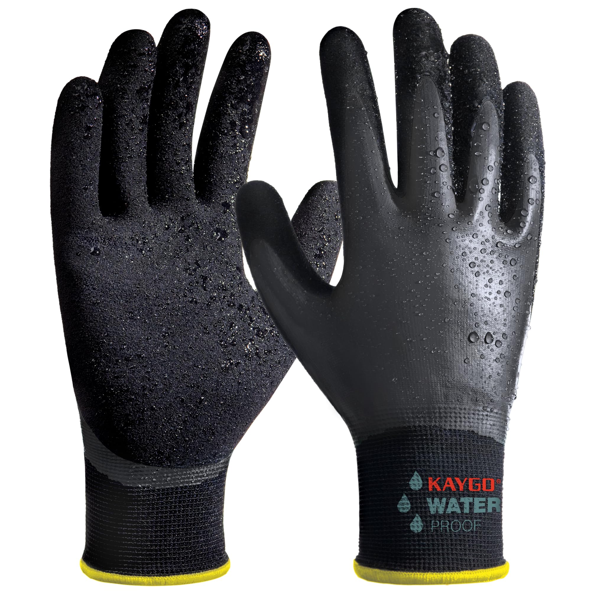 KAYGO waterproof work gloves with full-hand coating keep hands dry during wet tasks.