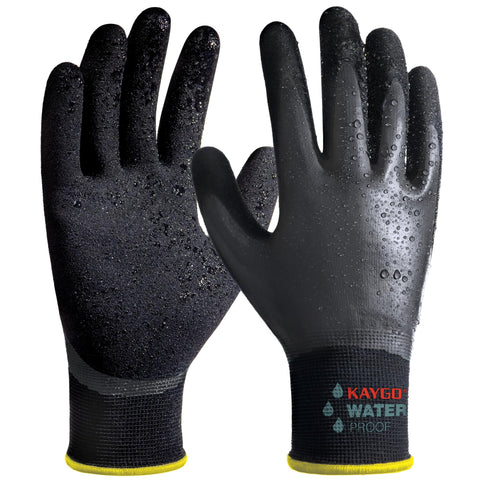 KAYGO waterproof work gloves with full-hand coating keep hands dry during wet tasks.